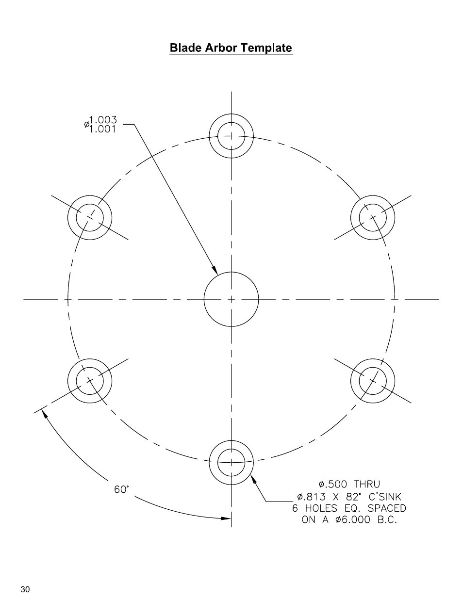 Blade arbor template, Blade, Arbor | Template | Diamond Products CC110D-DC User Manual | Page 30 / 44