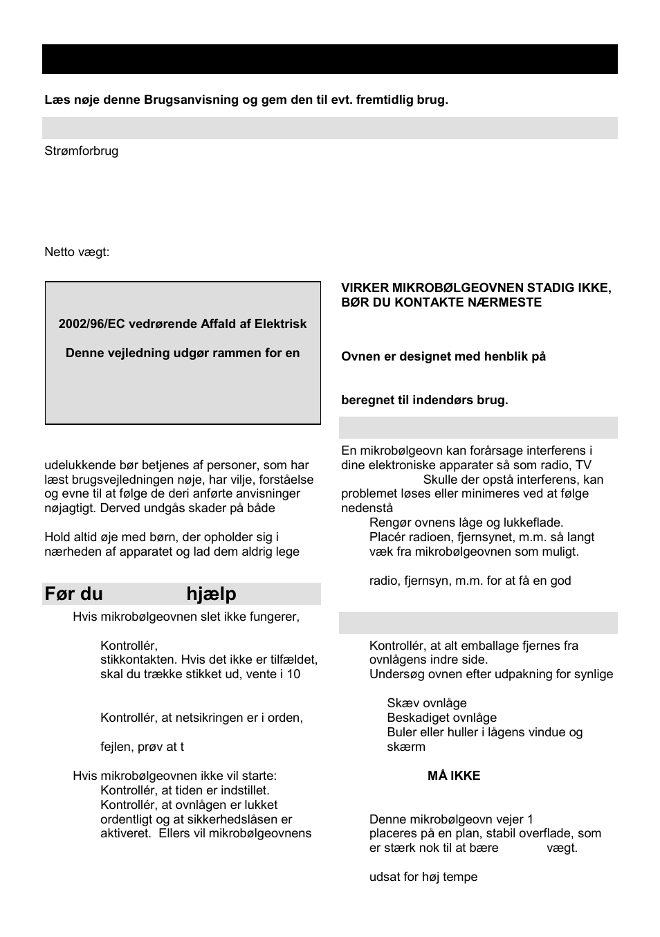 Brugsanvisning dk, Tekniske data, Før du tilkalder hjælp | Interference i radioudstyr, Installation | Gorenje GMO-23 Ora Ito W User Manual | Page 120 / 175