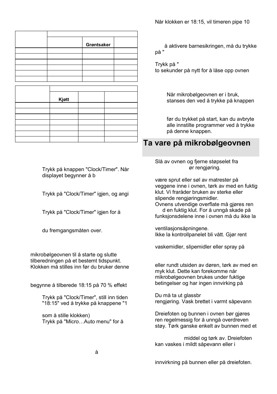 Ta vare på mikrobølgeovnen din, Klokke, Timer | Barnesikring, Start/reset | Gorenje GMO-23 Ora Ito W User Manual | Page 139 / 175