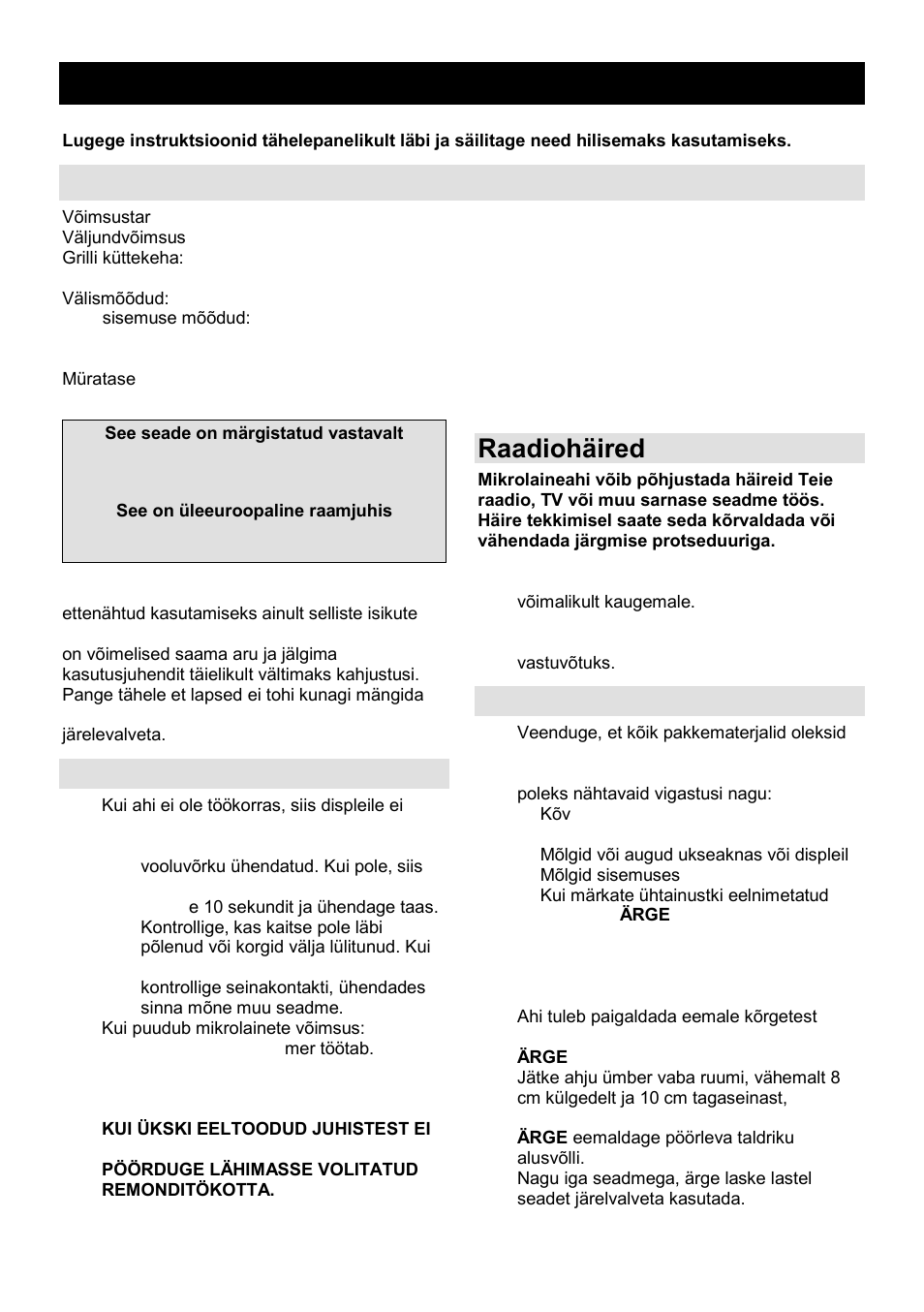 Kasutusjuhend ee, Tehnilised andmed, Enne hooldusesse helistamist | Raadiohäired, Paigaldamine | Gorenje GMO-23 Ora Ito W User Manual | Page 162 / 175
