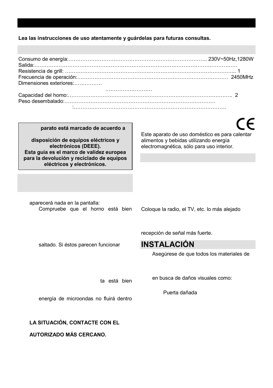 Manual de instrucciones del propietario es, Especificaciones, Antes de llamar al centro de reparaciones | Interferencias de radio, Instalación | Gorenje GMO-23 Ora Ito W User Manual | Page 169 / 175