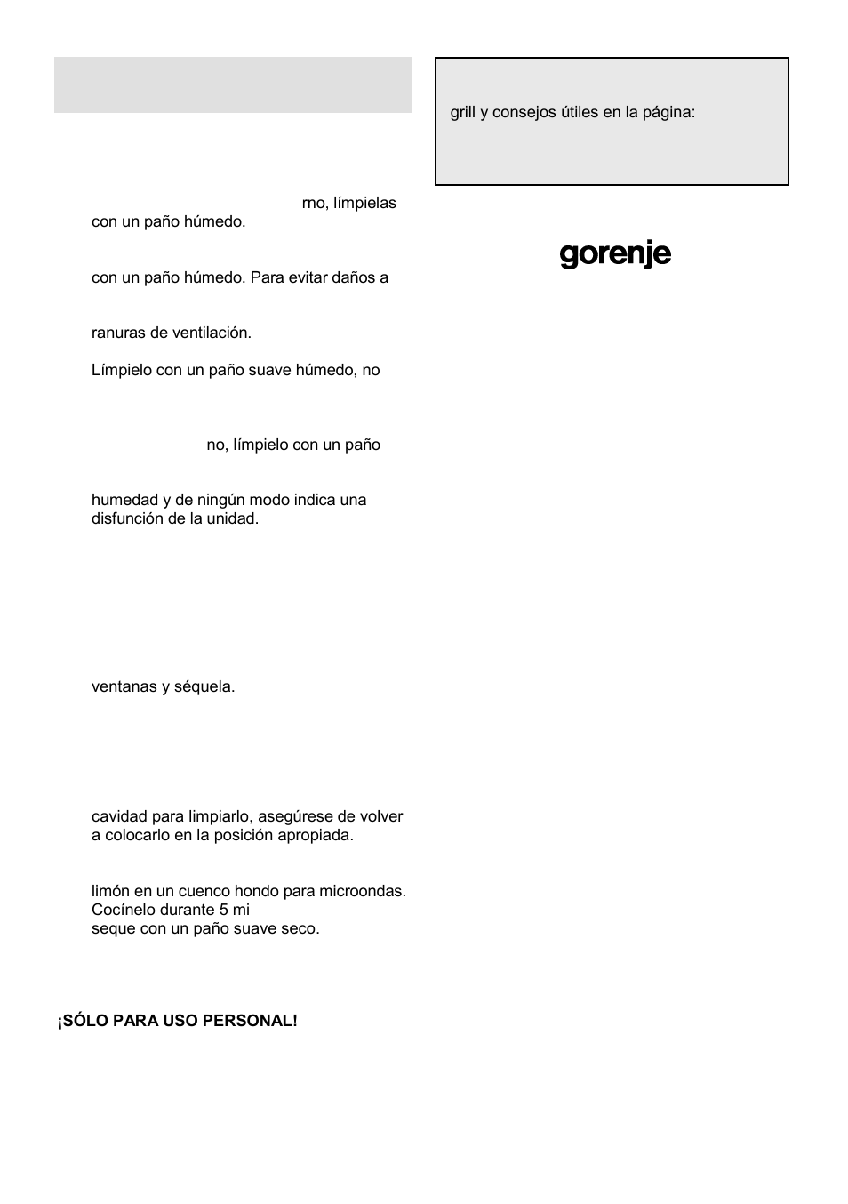 Cuidados de su horno microondas | Gorenje GMO-23 Ora Ito W User Manual | Page 175 / 175