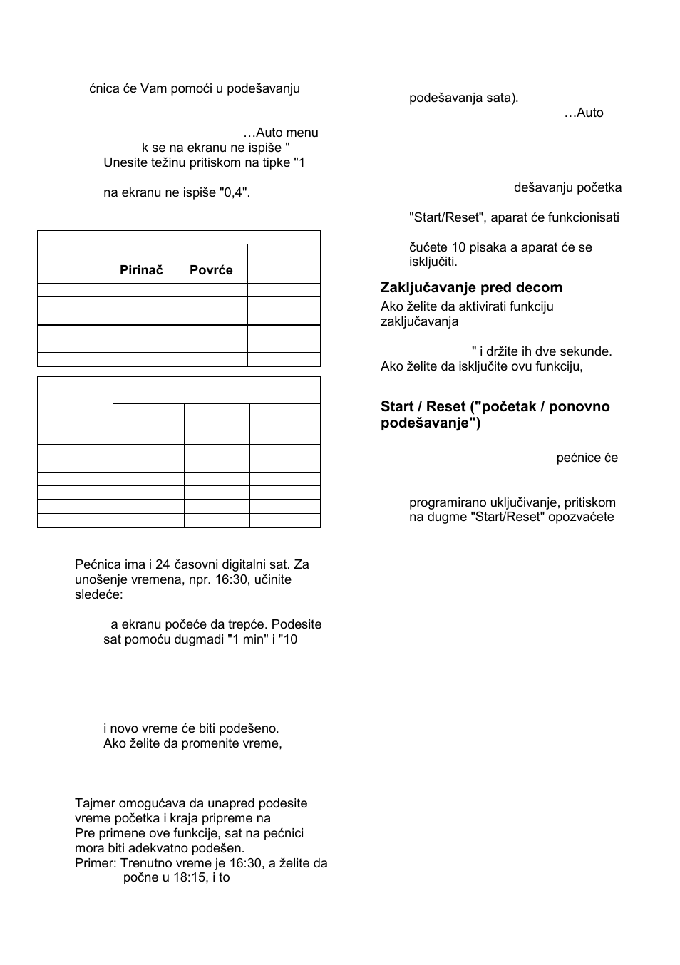 Auto meni, Tajmer, Zakljuĉavanje pred decom | Start / reset ("poĉetak / ponovno podeńavanje") | Gorenje GMO-23 Ora Ito W User Manual | Page 22 / 175