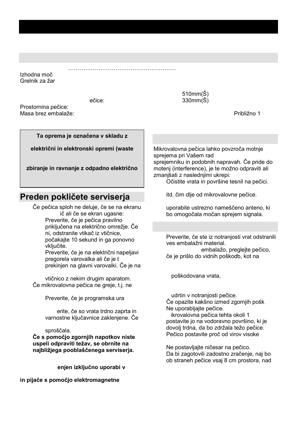Navodila za uporabo si, Specifikacije, Preden pokliĉete serviserja | Radijske motnje (interference), Namestitev | Gorenje GMO-23 Ora Ito W User Manual | Page 3 / 175