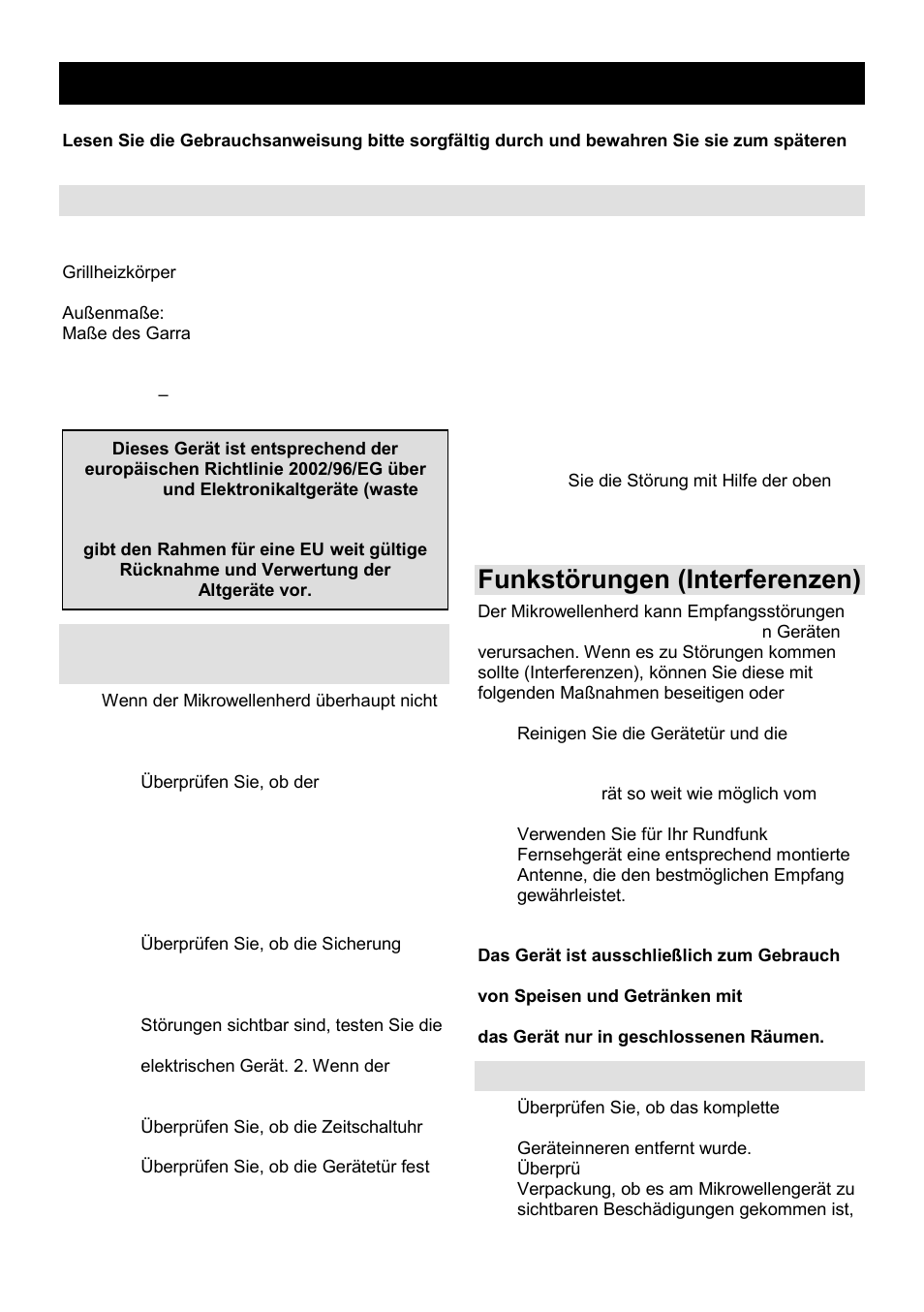 Gebrauchsanweisung de, Technische daten, Bevor sie den kundendienst anrufen | Funkstörungen (interferenzen), Aufstellung | Gorenje GMO-23 Ora Ito W User Manual | Page 39 / 175