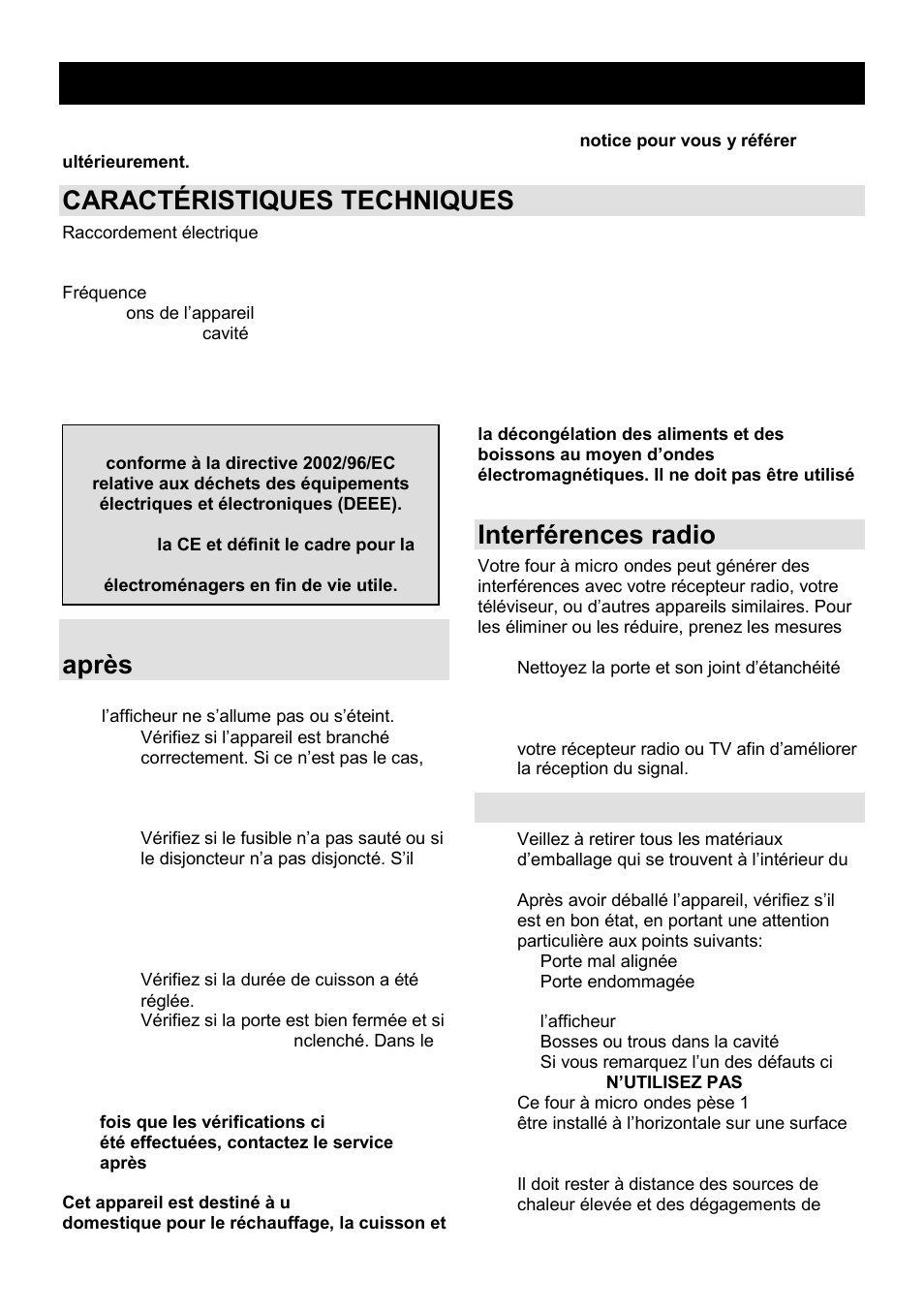 Notice d'utilisation fr, Caractéristiques techniques, Avant de contacter le service après-vente | Interférences radio, Installation | Gorenje GMO-23 Ora Ito W User Manual | Page 47 / 175