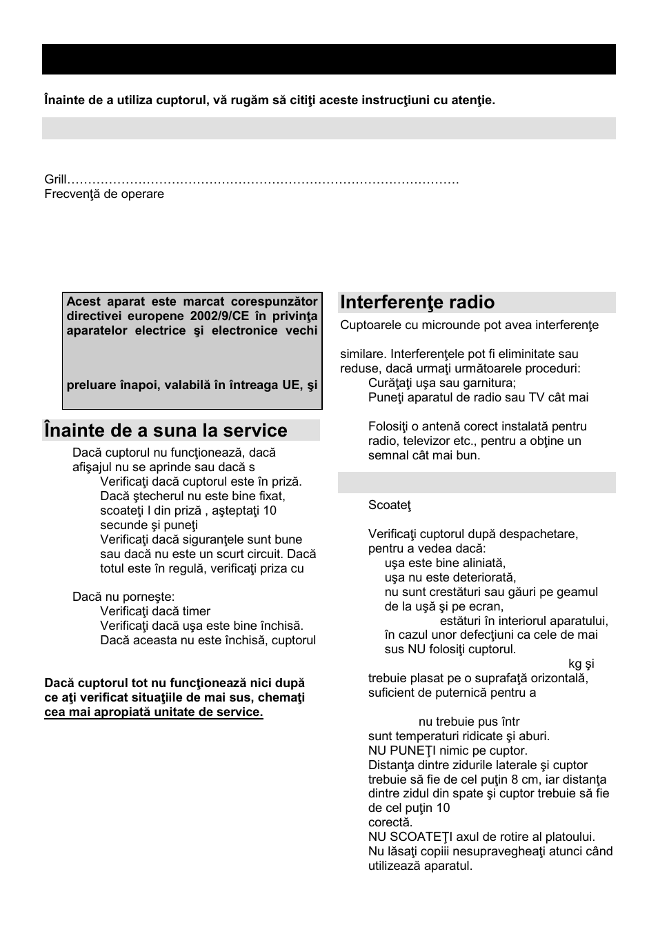 Manual de utilizare ro, Caracteristici, Înainte de a suna la service | Interferenŝe radio, Instalare | Gorenje GMO-23 Ora Ito W User Manual | Page 70 / 175