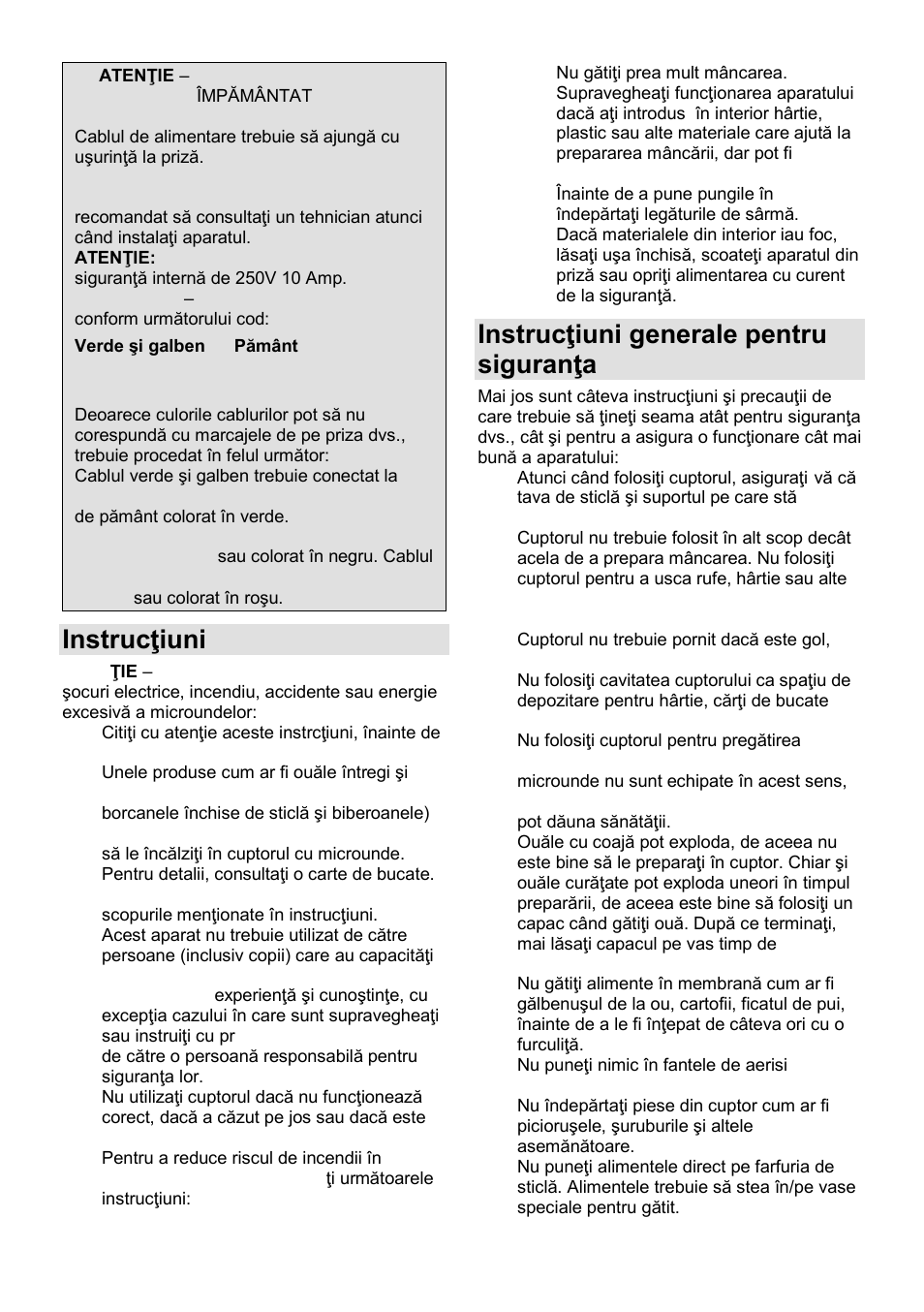 Instrucŝiuni importante, Instrucŝiuni generale pentru siguranŝa dvs | Gorenje GMO-23 Ora Ito W User Manual | Page 71 / 175