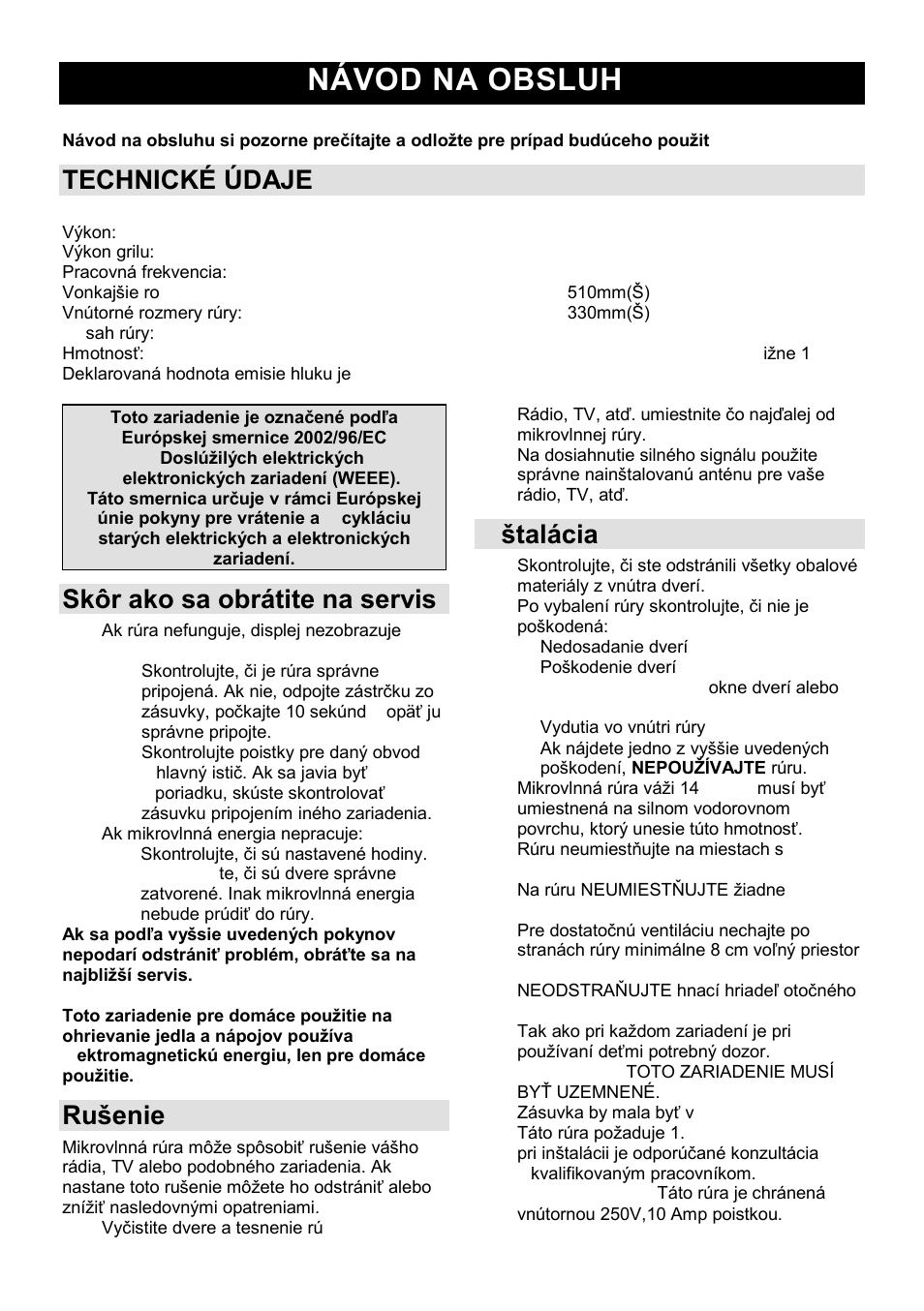 Návod na obsluhu sk, Technické údaje, Skôr ako sa obrátite na servis | Ruńenie | Gorenje GMO-23 Ora Ito W User Manual | Page 77 / 175