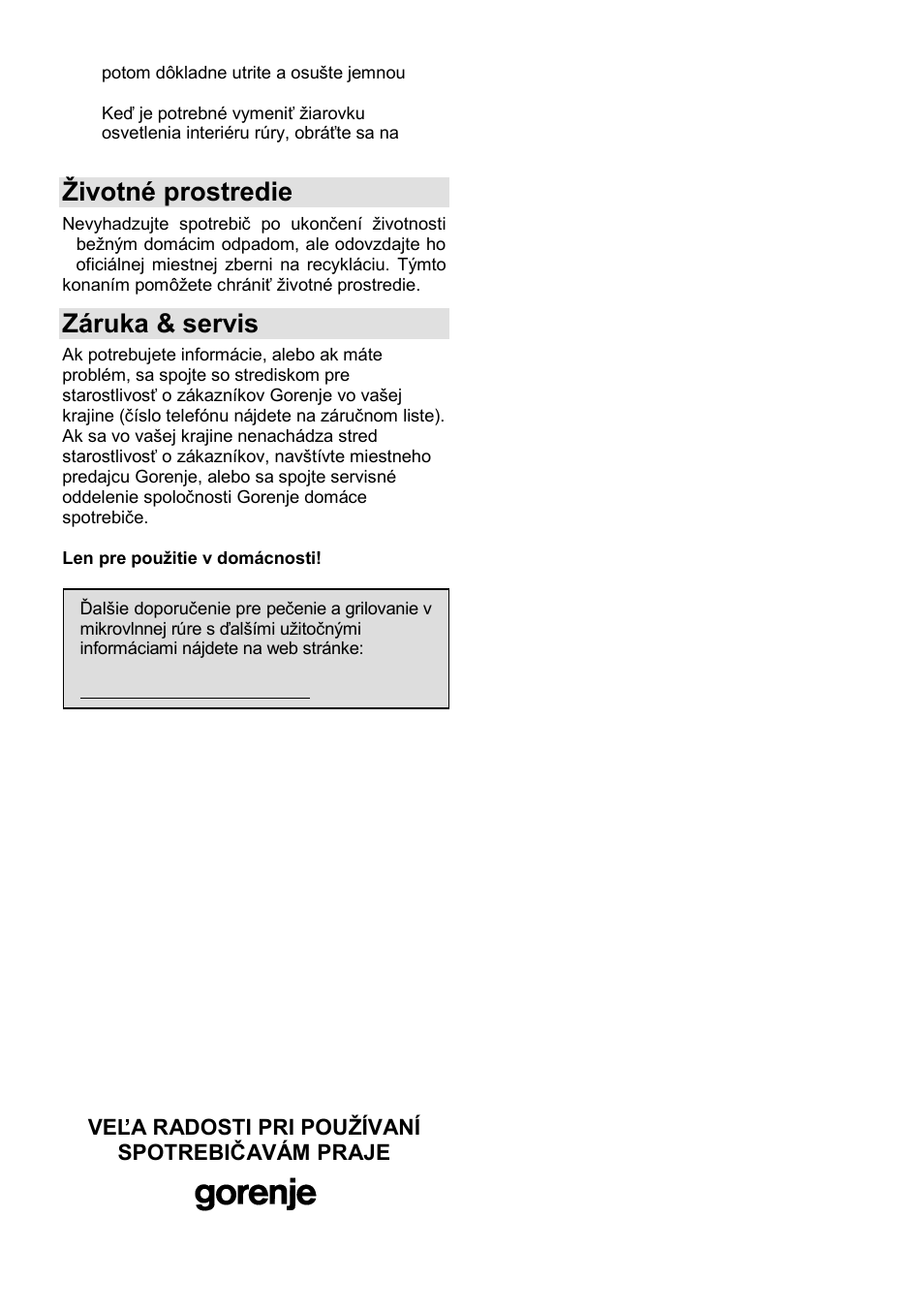 Ņivotné prostredie, Záruka & servis | Gorenje GMO-23 Ora Ito W User Manual | Page 83 / 175