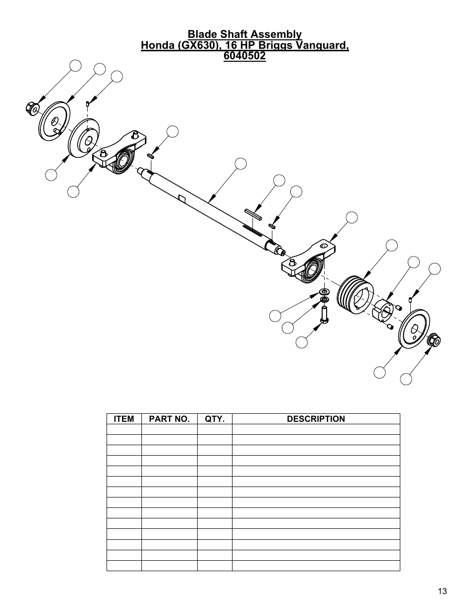 Blade shaft assembly (20hp honda, 16hp briggs) | Diamond Products CC1800XL (Gas) User Manual | Page 13 / 44