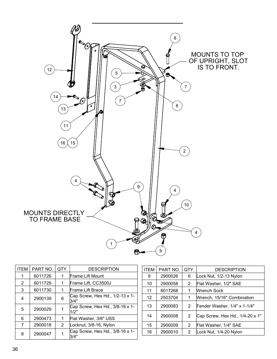 Frame lift assembly, Frame lift assembly…………………………36, Mounts to top | Is to front. of upright, slot, Mounts directly to frame base | Diamond Products CC3500J User Manual | Page 36 / 68