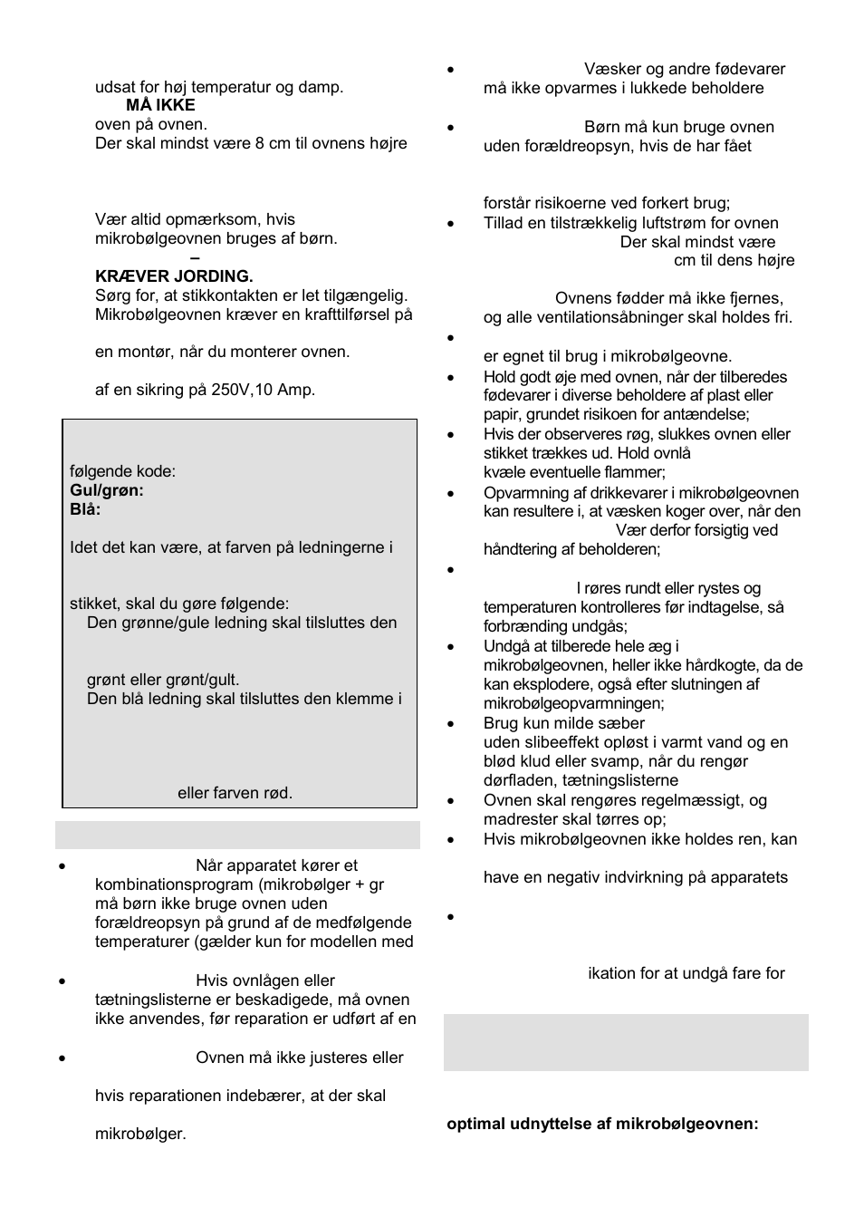 Vigtige sikkerhedsanvisninger, Sikkerhedsanvisninger ved almen brug | Gorenje GMO-25 DCE User Manual | Page 121 / 169