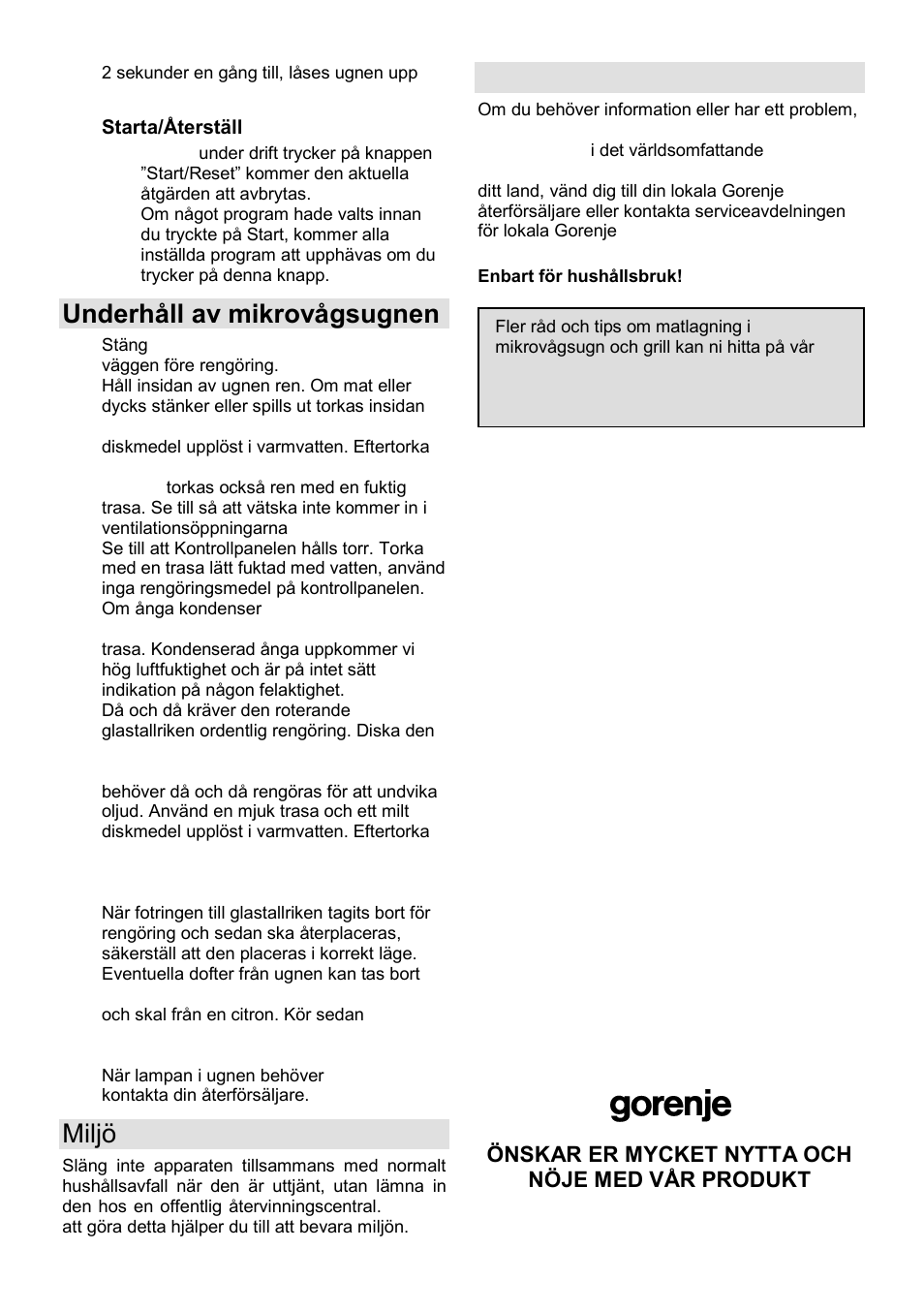 Underhåll av mikrovågsugnen, Miljö, Garanti & service | Gorenje GMO-25 DCE User Manual | Page 133 / 169