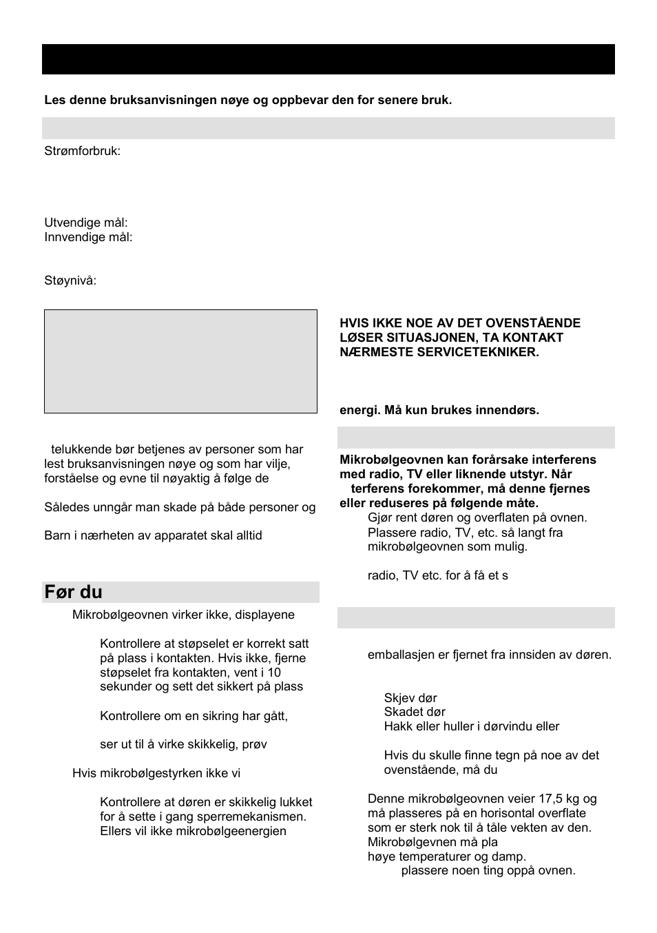 Bruksanvisning no, Spesifikasjoner, Før du ringer service | Radiointerferens, Installasjon | Gorenje GMO-25 DCE User Manual | Page 134 / 169