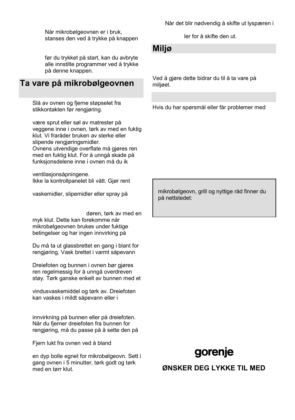 Ta vare på mikrobølgeovnen din, Miljø, Garanti og service | Gorenje GMO-25 DCE User Manual | Page 140 / 169