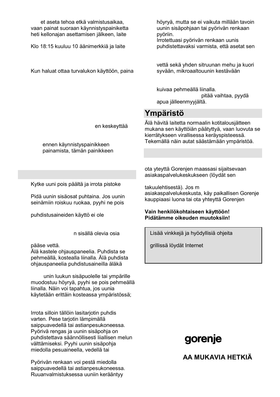 Mikroaaltouunin huolto, Ympäristö, Takuu ja huolto | Gorenje GMO-25 DCE User Manual | Page 147 / 169