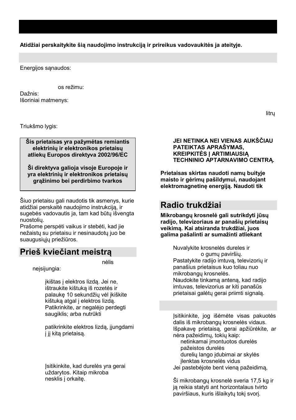 Naudojimo instrukcija lt, Techniniai duomenys, Prień kvieĉiant meistrą | Radio trukdņiai, Montavimas | Gorenje GMO-25 DCE User Manual | Page 155 / 169