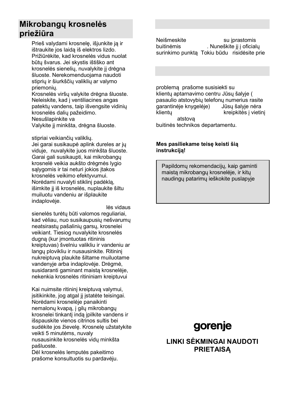 Mikrobangų krosnelės prieņiūra, Aplinka, Garantija ir aptarnavimas | Gorenje GMO-25 DCE User Manual | Page 162 / 169