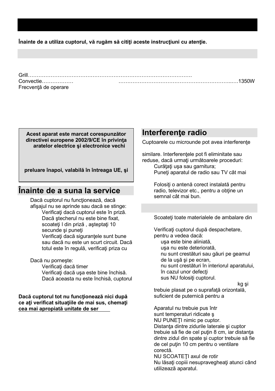 Manual de utilizare ro, Caracteristici, Înainte de a suna la service | Interferenŝe radio, Instalare | Gorenje GMO-25 DCE User Manual | Page 75 / 169