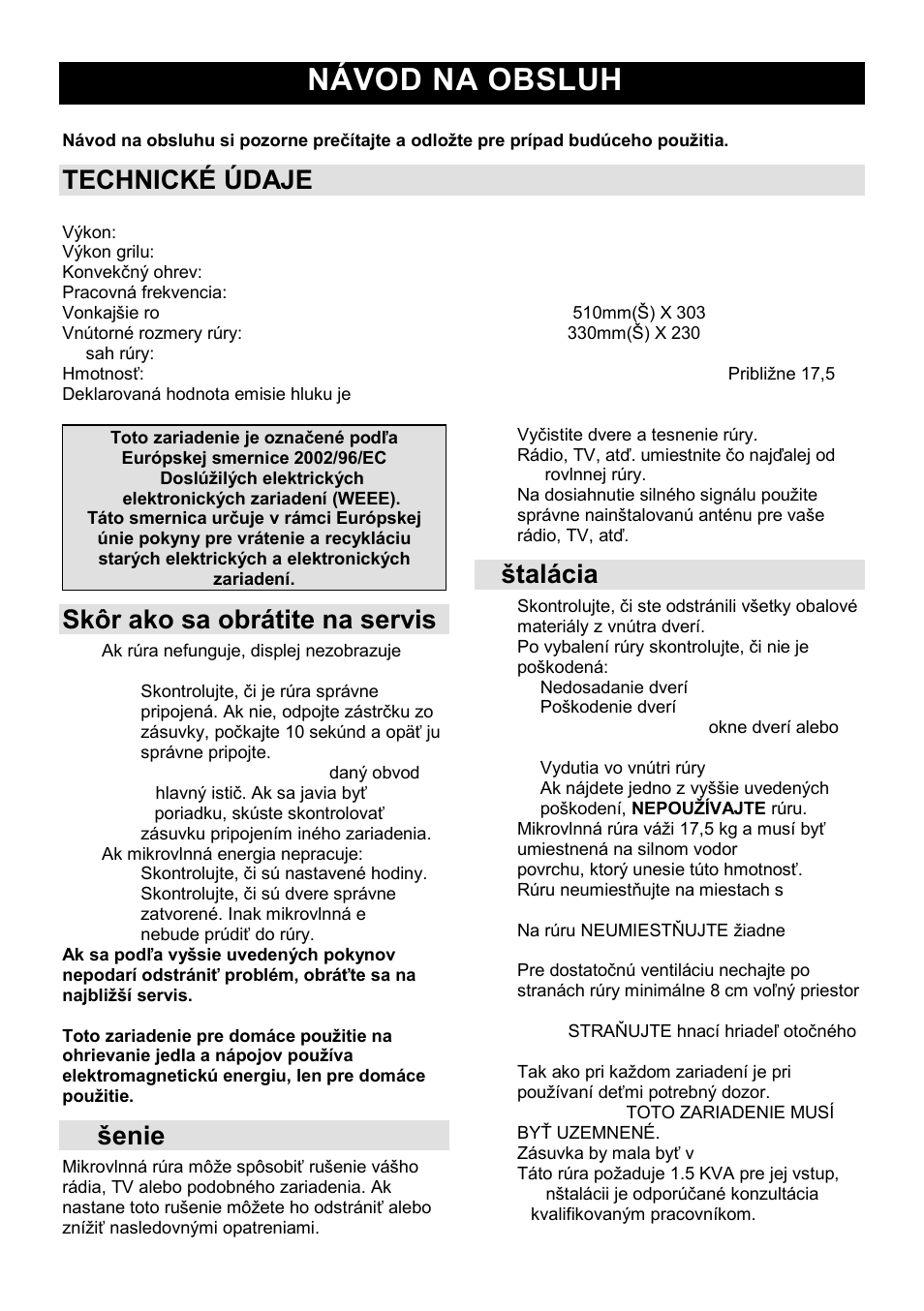 Návod na obsluhu sk, Technické údaje, Skôr ako sa obrátite na servis | Ru ńenie | Gorenje GMO-25 DCE User Manual | Page 82 / 169
