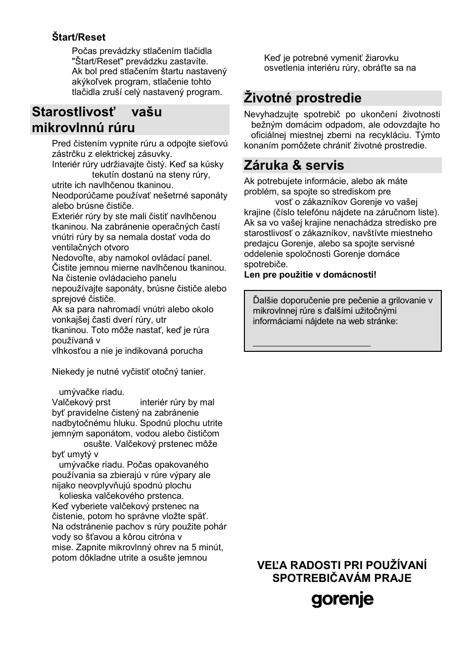 Starostlivosť o vańu mikrovlnnú rúru, Ņivotné prostredie, Záruka & servis | Gorenje GMO-25 DCE User Manual | Page 88 / 169