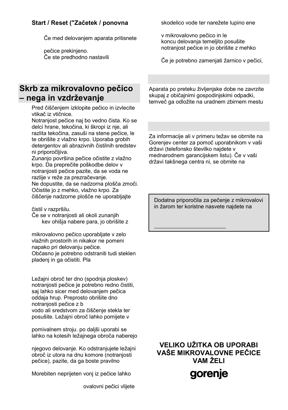 Skrb za mikrovalovno peĉico – nega in vzdrņevanje, Okolje, Garancija in servis | Gorenje GMO-25 DCE User Manual | Page 9 / 169