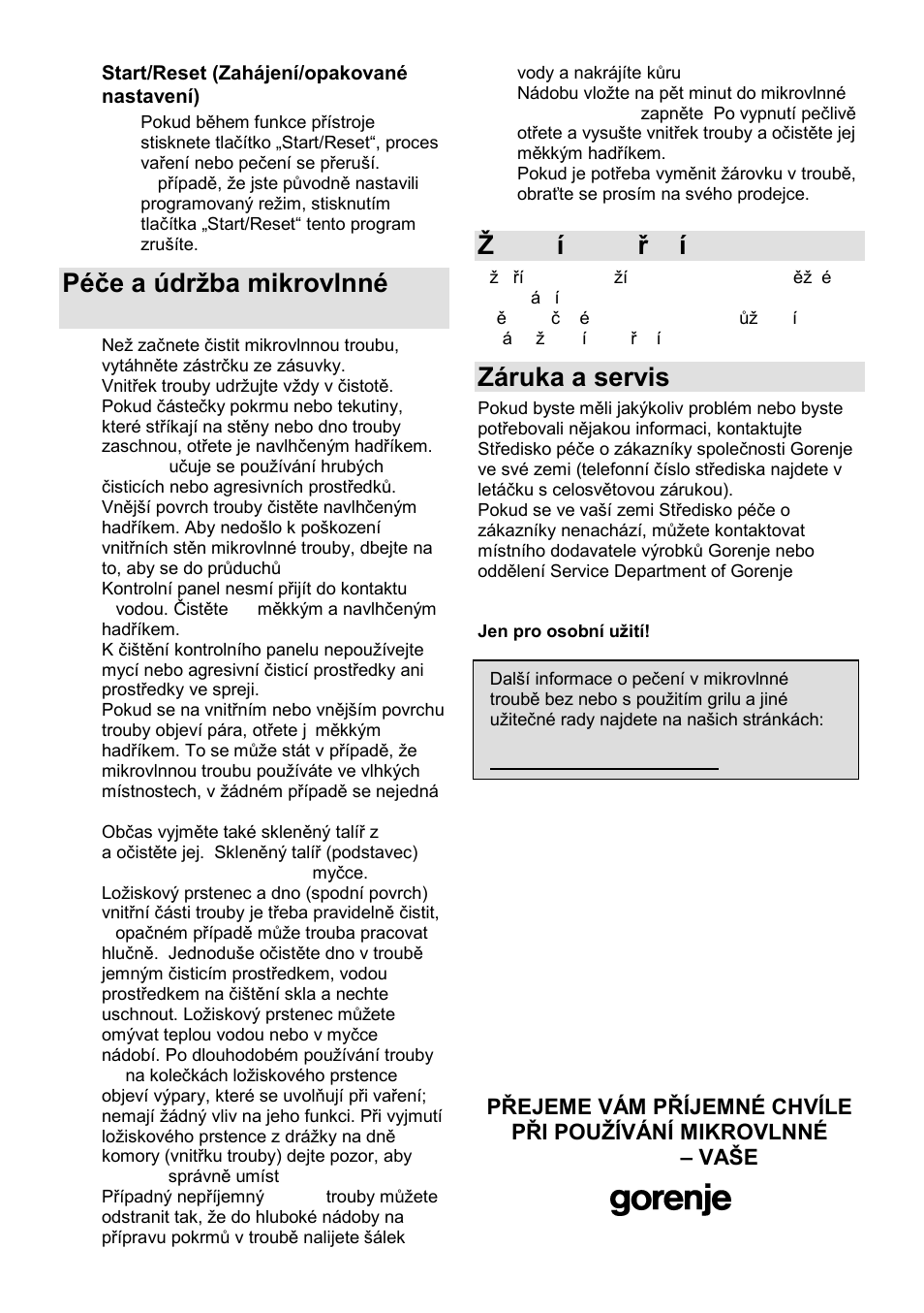 Péĉe a údrņba mikrovlnné trouby, Ņivotní prostředí, Záruka a servis | Gorenje GMO-25 DCE User Manual | Page 95 / 169