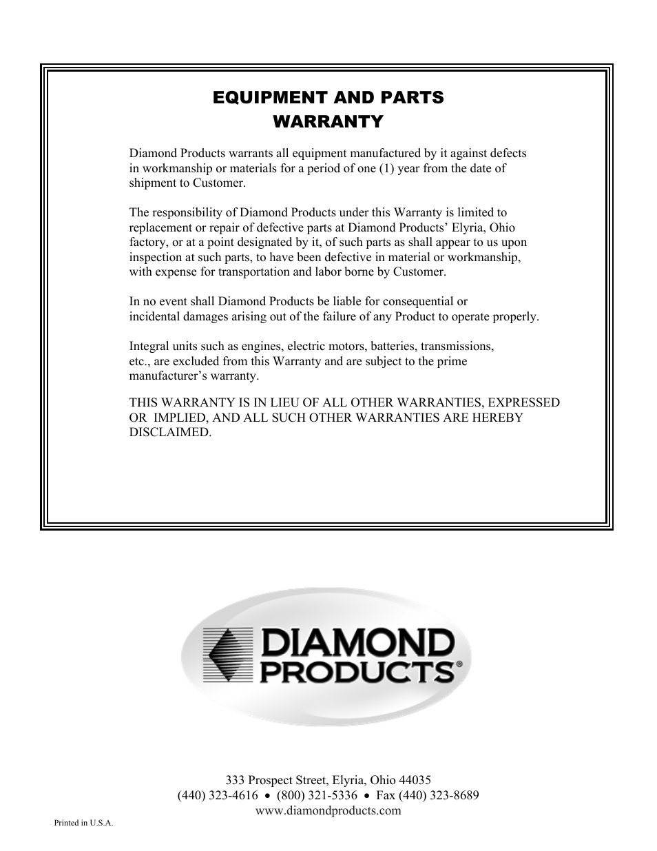 Warranty…………………………………………………………… rear cover, Equipment and parts warranty | Diamond Products CC4130E-XL User Manual | Page 60 / 60