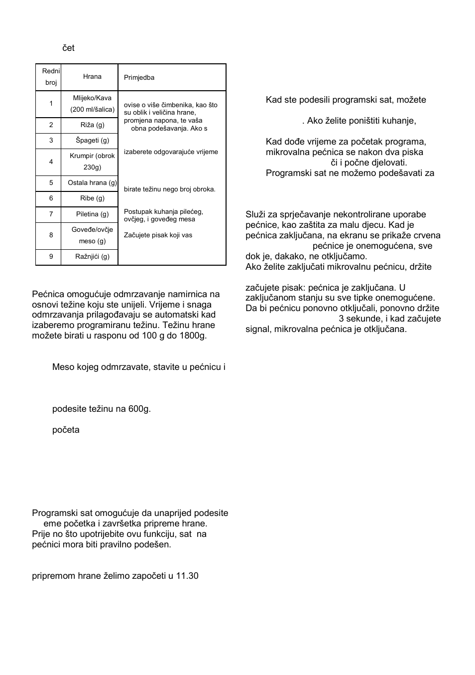 Odmrzavanje hrane, Programski sat (preset), Sigurnosna blokada | Gorenje MO-20 DCE User Manual | Page 15 / 97