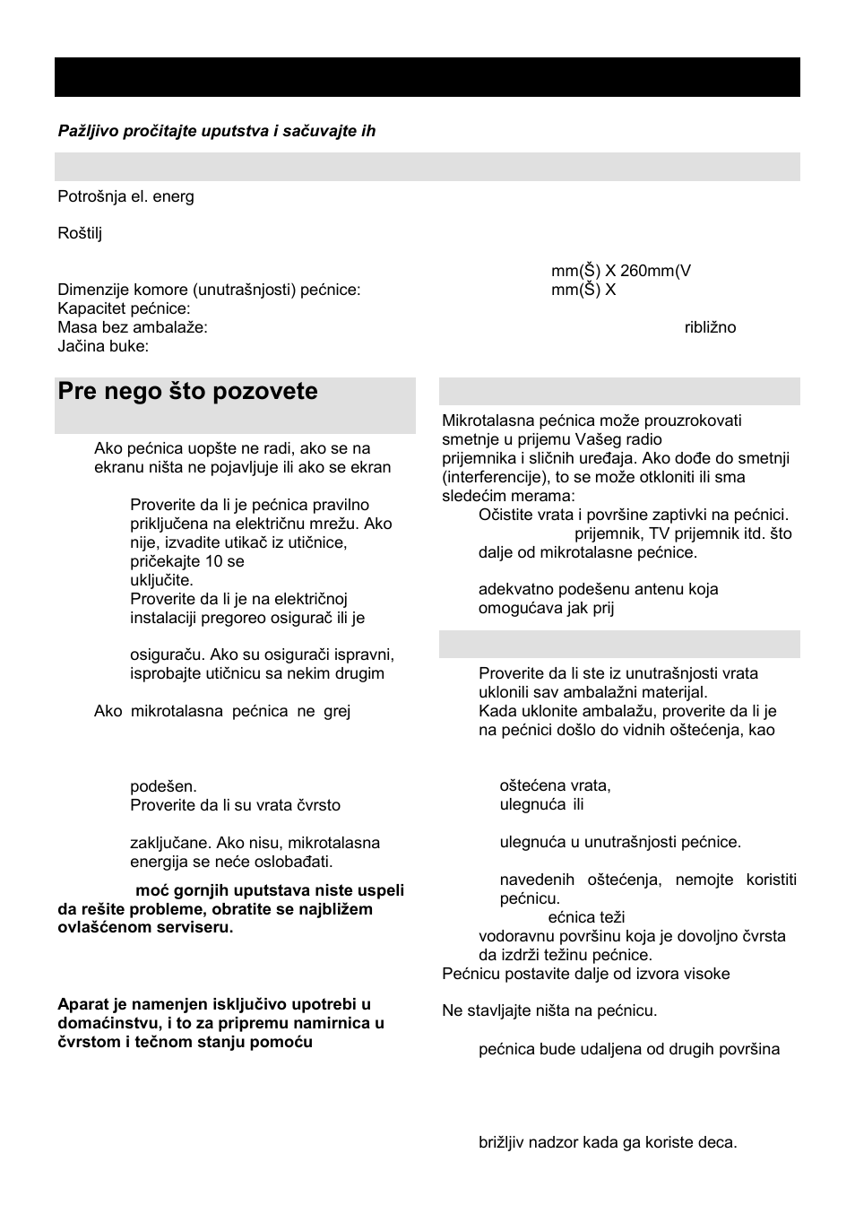 Uputstvo za upotrebu srb mne, Specifikacije, Pre nego ńto pozovete servisera | Radio-smetnje (interferencije), Postavljanje | Gorenje MO-20 DCE User Manual | Page 17 / 97