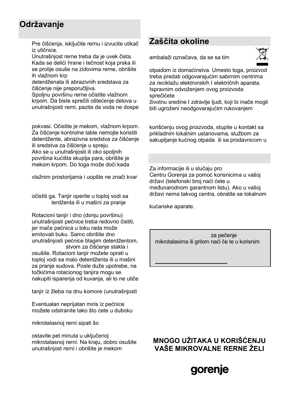 Odrņavanje mikrotalasne rerne, Zańĉita okoline, Garancija i servis | Gorenje MO-20 DCE User Manual | Page 23 / 97