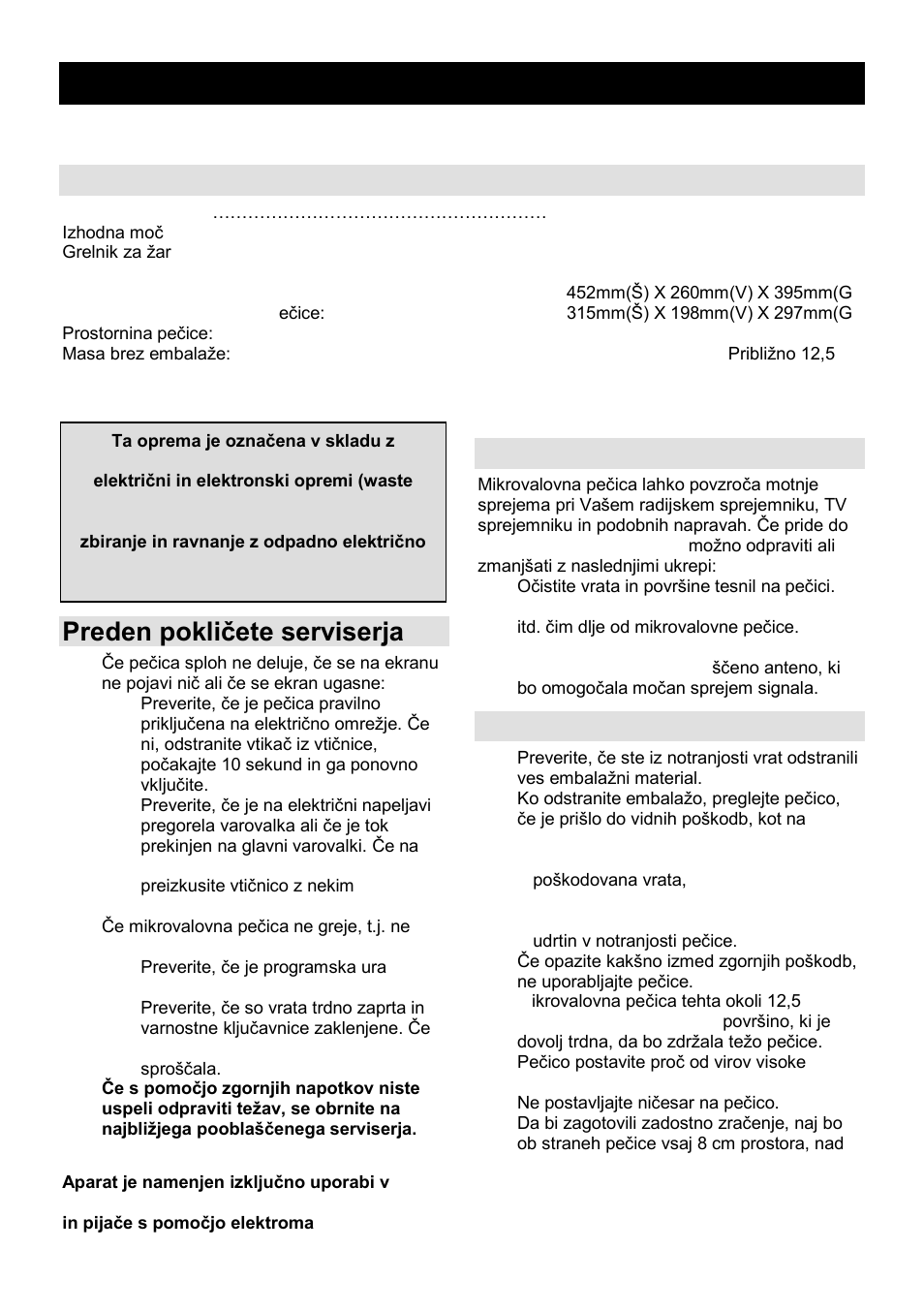Navodila za uporabo si, Specifikacije, Preden pokliĉete serviserja | Radijske motnje (interference), Namestitev | Gorenje MO-20 DCE User Manual | Page 3 / 97