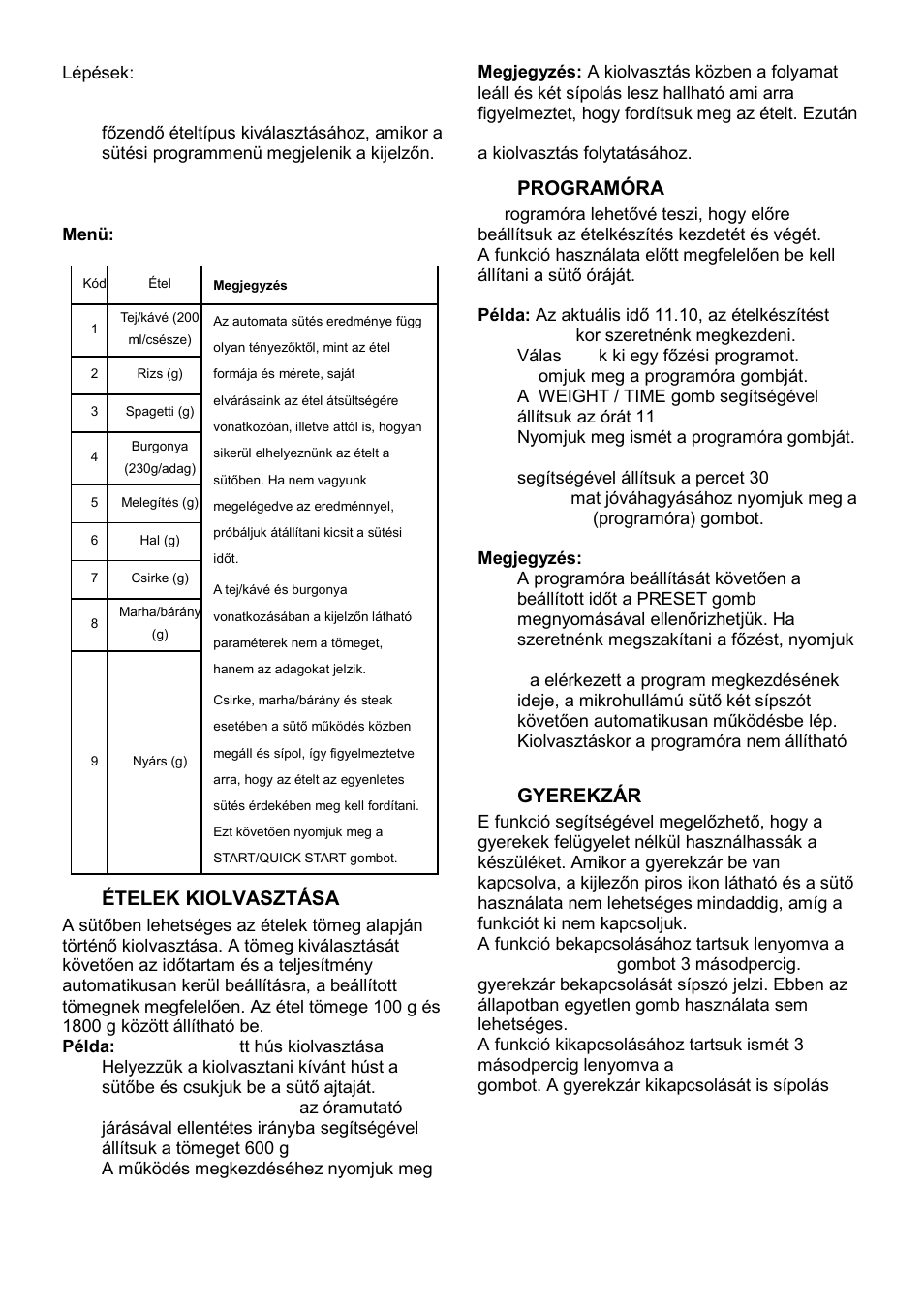 Ételek kiolvasztása, Programóra, Gyerekzár | Gorenje MO-20 DCE User Manual | Page 45 / 97