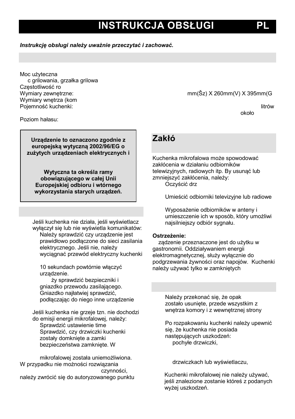 Instrukcja obsługi pl, Charakterystyki techniczne, Przed wezwaniem serwisu | Instalacja | Gorenje MO-20 DCE User Manual | Page 47 / 97