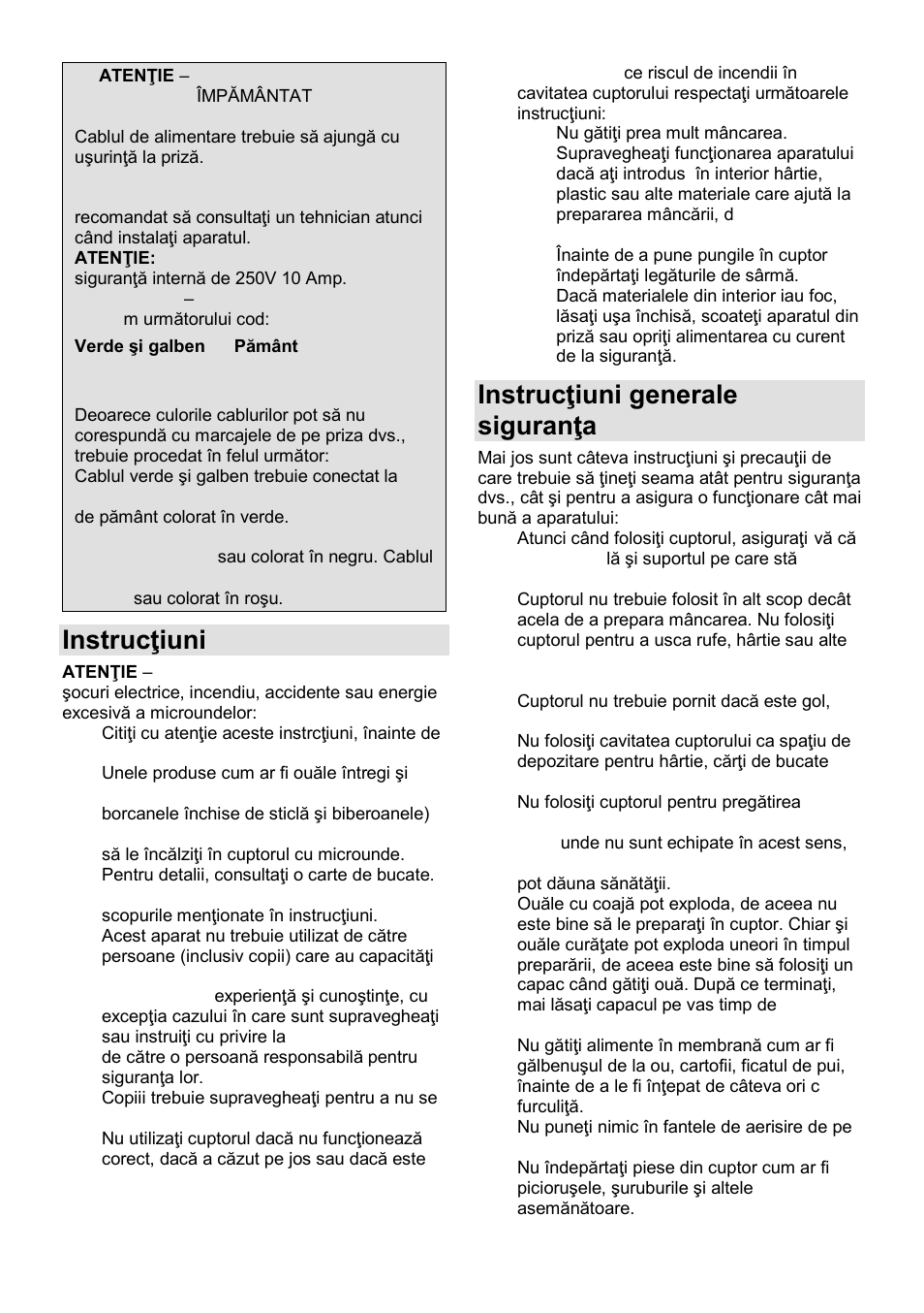 Instrucŝiuni importante, Instrucŝiuni generale pentru siguranŝa dvs | Gorenje MO-20 DCE User Manual | Page 56 / 97