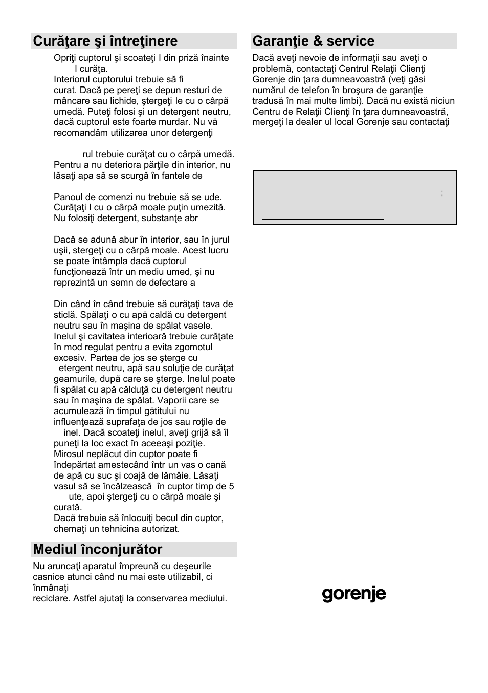 Curăŝare şi întreŝinere, Mediul înconjurător, Garanŝie & service | Gorenje MO-20 DCE User Manual | Page 61 / 97