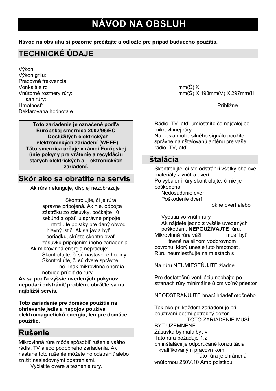 Návod na obsluhu sk, Technické údaje, Skôr ako sa obrátite na servis | Ruńenie | Gorenje MO-20 DCE User Manual | Page 62 / 97