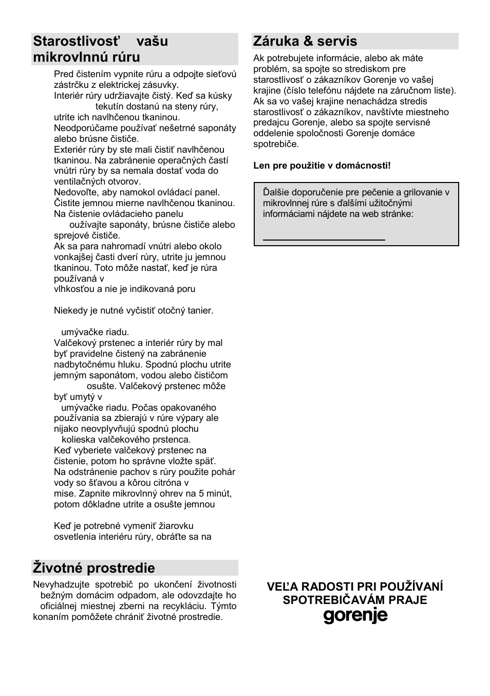 Starostlivosť o vańu mikrovlnnú rúru, Ņivotné prostredie, Záruka & servis | Gorenje MO-20 DCE User Manual | Page 68 / 97