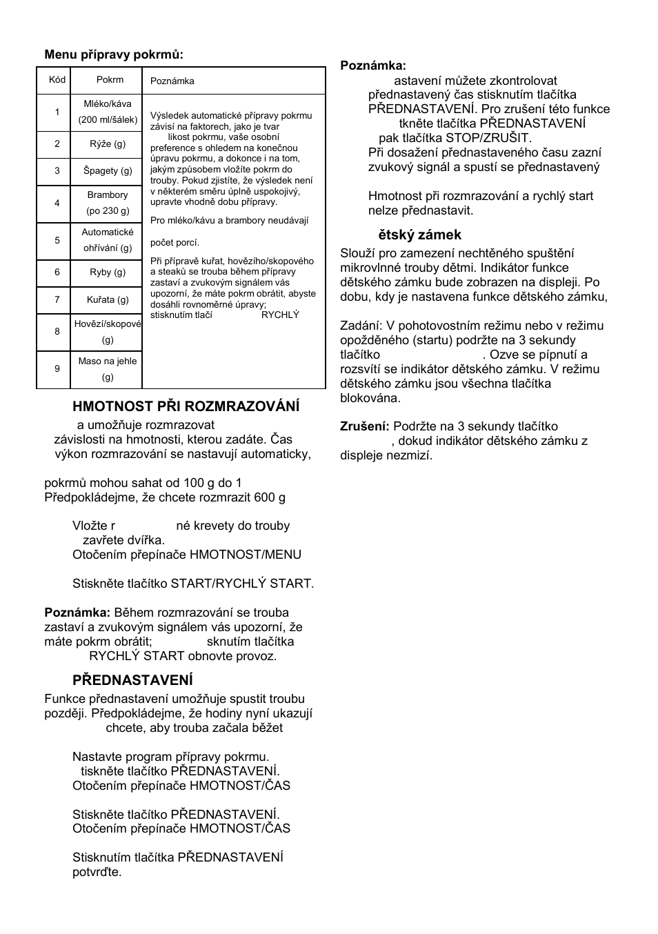 Hmotnost při rozmrazování, Přednastavení, D ětský zámek | Gorenje MO-20 DCE User Manual | Page 74 / 97