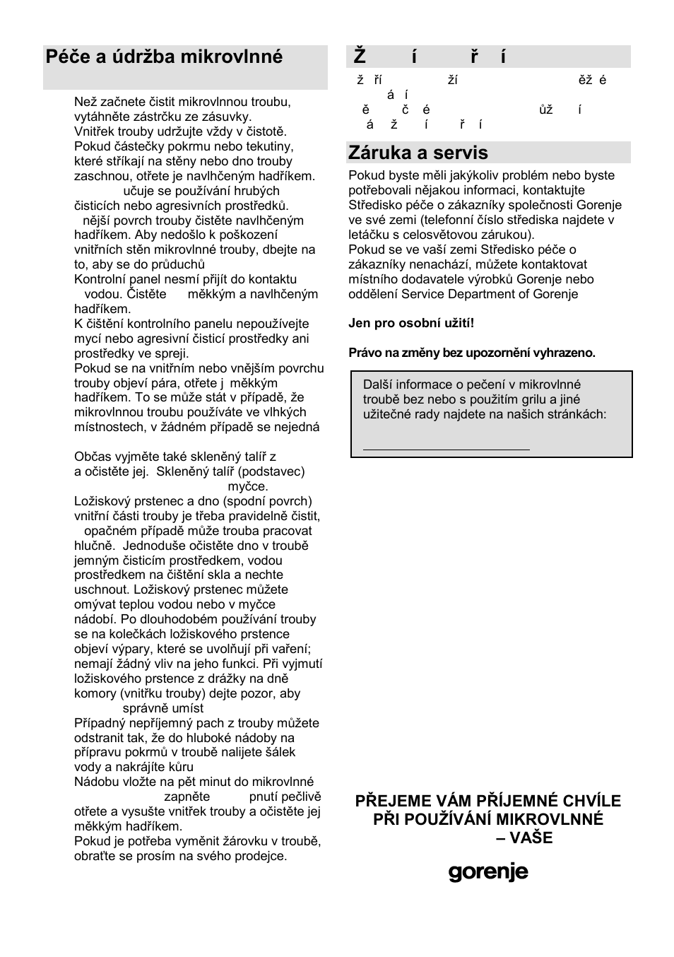 Péĉe a údrņba mikrovlnné trouby, Ņivotní prostředí, Záruka a servis | Gorenje MO-20 DCE User Manual | Page 75 / 97