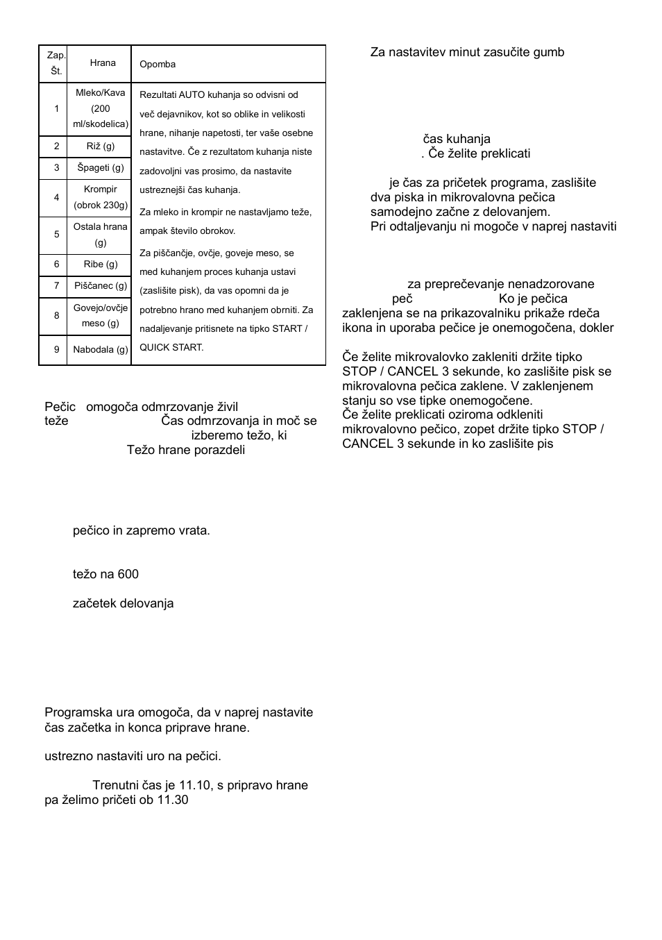 Odmrzovanje hrane (weight defrost), Programska ura (preset), Zaklepanje pred otroci | Gorenje MO-20 DCE User Manual | Page 8 / 97