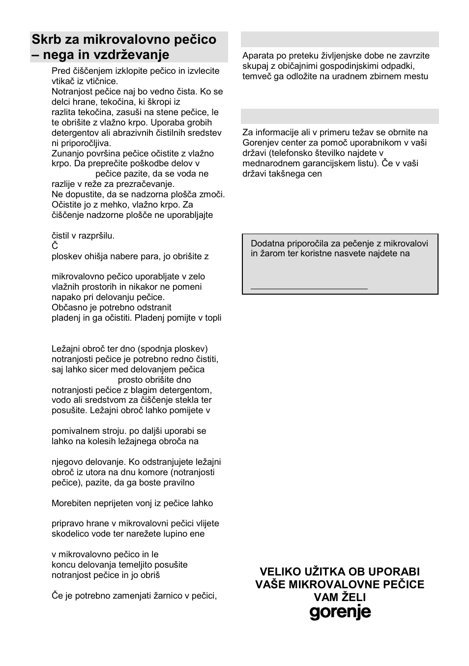 Skrb za mikrovalovno peĉico – nega in vzdrņevanje, Okolje, Garancija in servis | Gorenje MO-20 DCE User Manual | Page 9 / 97