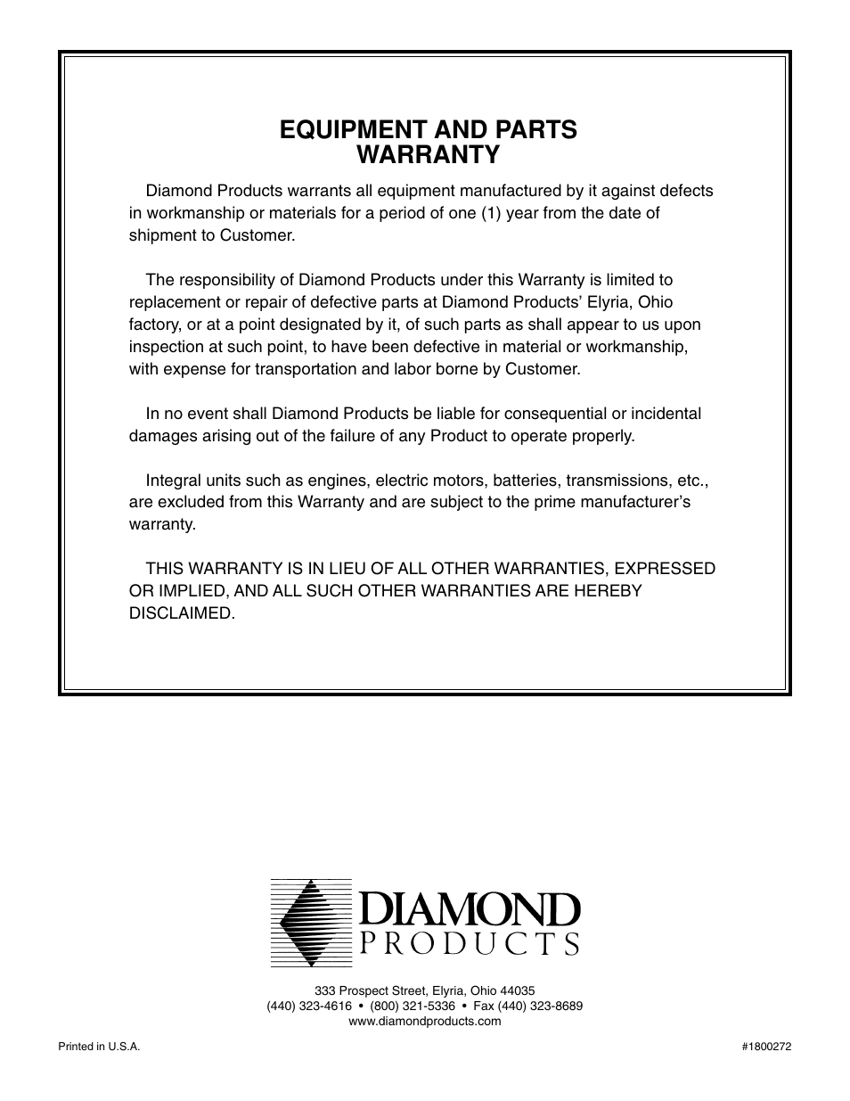 Equipment and parts warranty | Diamond Products CC6500 User Manual | Page 36 / 36