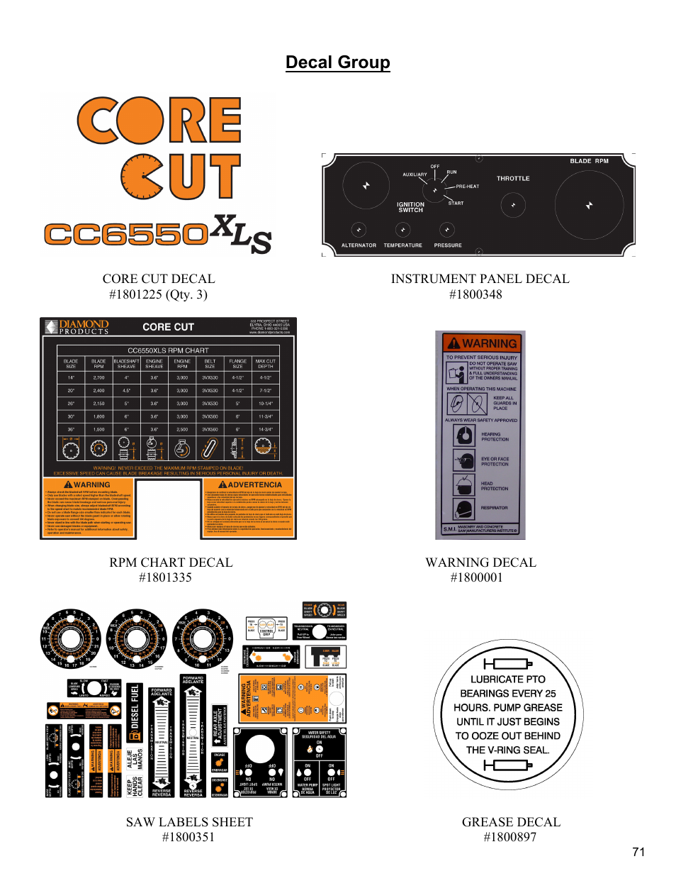 Decal group | Diamond Products CC6550XLS User Manual | Page 71 / 76