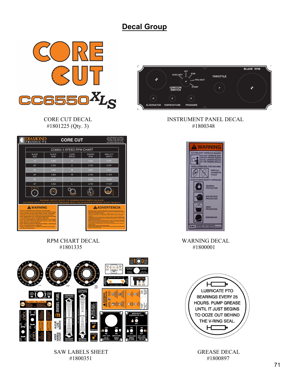 Decal group | Diamond Products CC6550XLS-3 Speed User Manual | Page 71 / 72