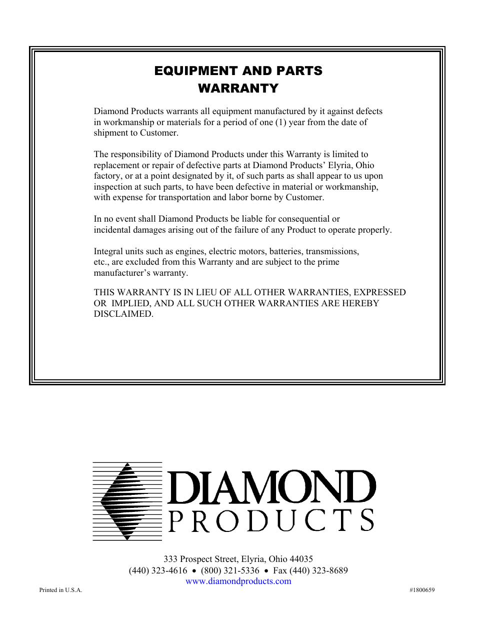 Warranty, Disclaimed, Equipment and parts warranty | Diamond Products CC6560XLJ User Manual | Page 28 / 28