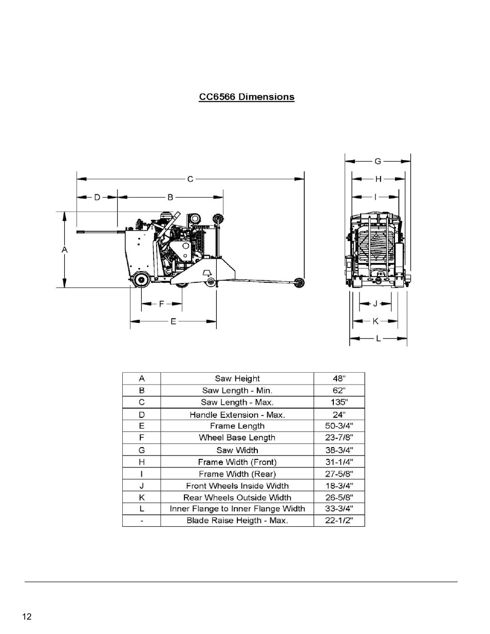 Dimensions | Diamond Products CC6566 User Manual | Page 12 / 48