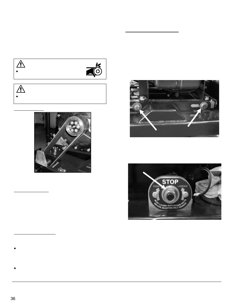 Belt system, Blade drive belts, Belt tension setting | Testing the belt tension, Adjusting the blade drive belts | Diamond Products CC6566 User Manual | Page 36 / 48