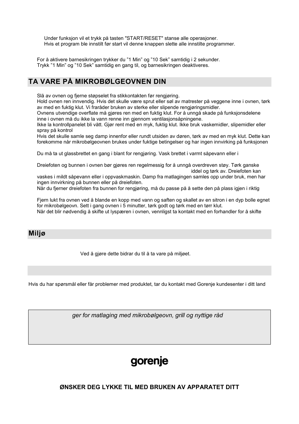 Ta vare på mikrobølgeovnen din, Miljø, Garanti og service | Gorenje GMO-20 DGS User Manual | Page 124 / 148